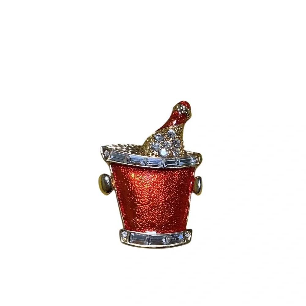 Kirk’s Folly Brooch Champagne Bucket Red Glitter Enamel Rhinestone Celebration